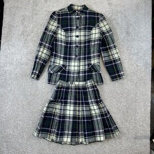 Tami Sophisticates Skirt Suit Women 8 Blue Green Plaid Wool Vintage 60s ILGWU